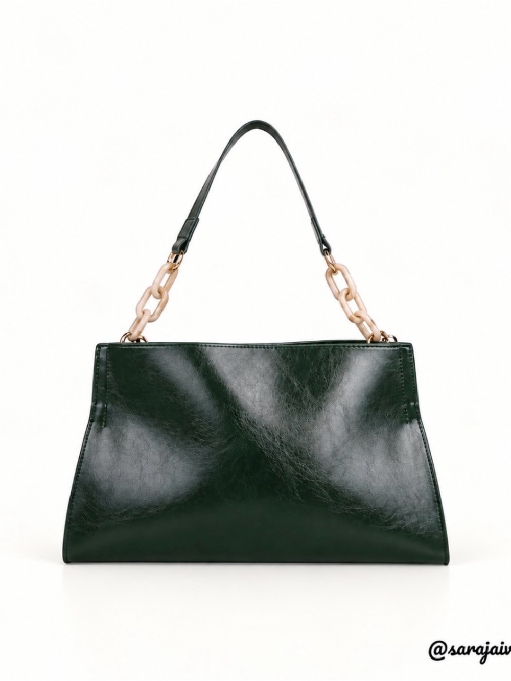 Dark Green Leather Top-Handle Bag with Chain Detail
